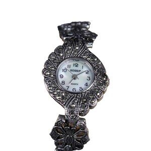 GOSSIP 7in Silvertone Metal Marcasite Accent Bracelet Wrist Watch